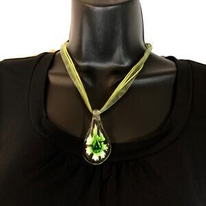 Glass Flower Pendant Necklace, Green Ribbon 3D Floral Lampwork Art Teardrop